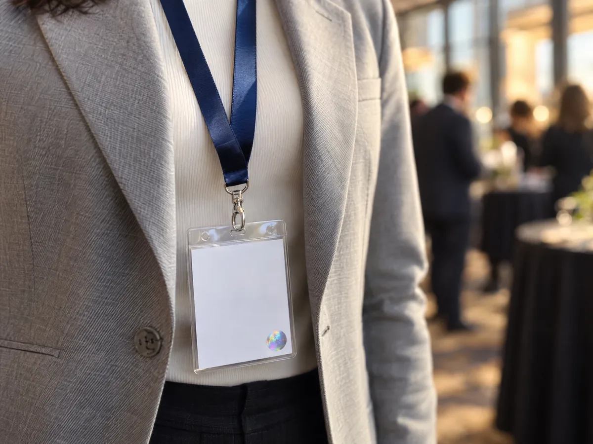 Credencial com cordão acetinado e selo holográfico em um evento corporativo