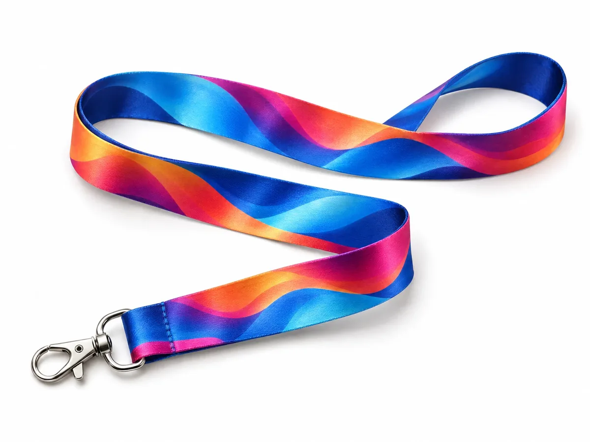 Cordão acetinado com impressão digital colorida e gancho metálico