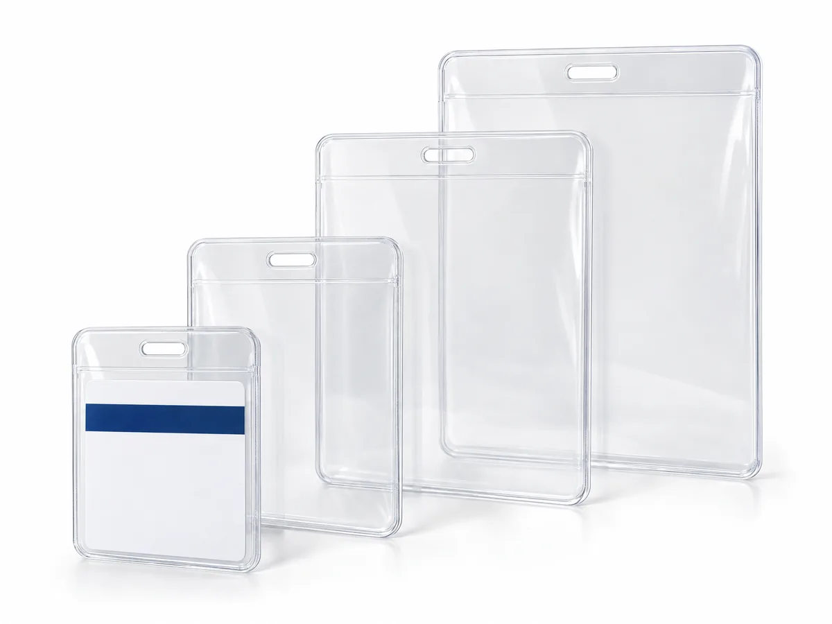 Bolsas plásticas transparentes em material cristal, em quatro tamanhos, para crachás e credenciais