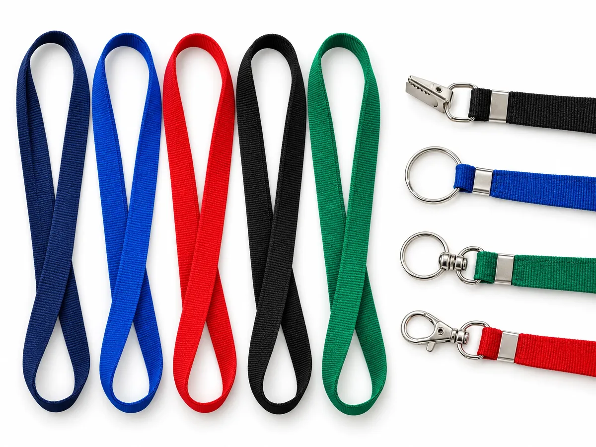 Cordões lisos em várias cores com clips jacaré, argola, chaveiro e mosquetão