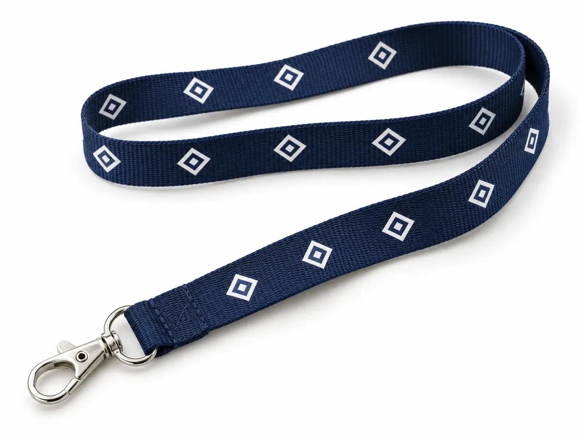 Cordão de poliéster azul-marinho com estampa em silk e mosquetão