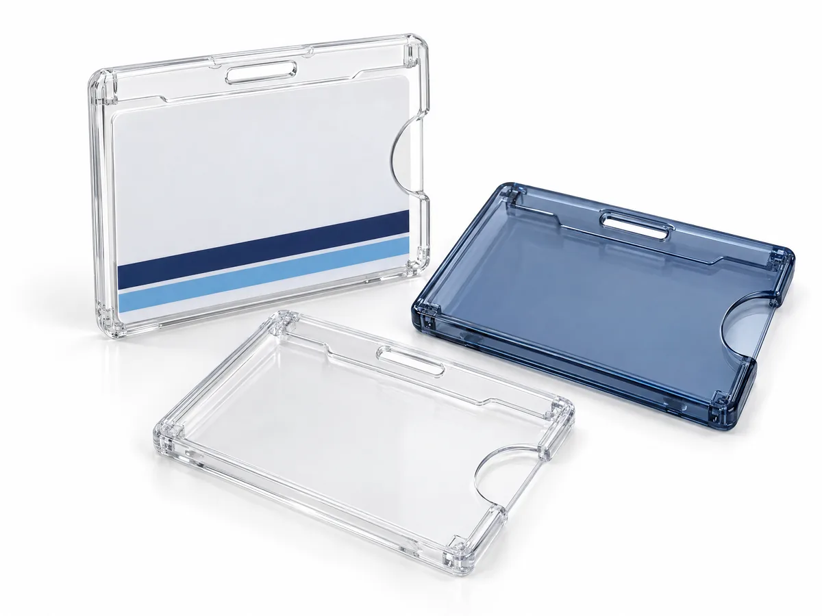 Porta-crachás de plástico rígido, transparentes e azul, com crachá no tamanho 54 × 86 mm